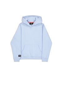 Világoskék kapucnis pulóver pamut keverék anyagból. Elülső zsebet, bordázott mandzsettákat és egy fekete márkacímkét tartalmaz az alján.