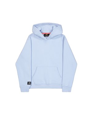 Svijetloplava dukserica s kapuljačom od mješavine pamuka. Ima prednji džep, rebraste manžete i crnu oznaku branda na rubu.