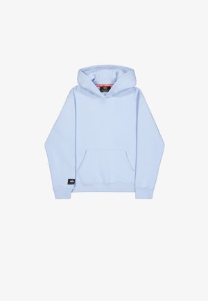 Vaaleansininen huppari, joka on valmistettu puuvillasekoitekankaasta. Ominaisuuksiin kuuluu etutasku, ribbitaskut ja musta brändilogo helmaossa.