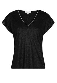 Zwarte V-hals T-shirt met korte vleermuismouwen, met een glanzende textuur en contrasterende witte bies langs de halslijn.