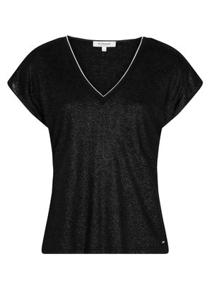 Black V-neck T-shirt with short batwing sleeves, featuring a shiny texture and contrasting white trim along the neckline.