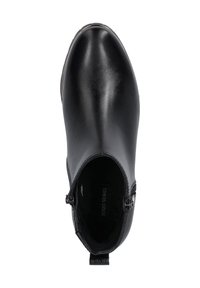 Schwarze Leder-Ankle-Boots mit glatter Oberfläche, seitlichem Reißverschluss und runder Spitze. Mit weicher Innenausstattung und niedrigem Absatz.