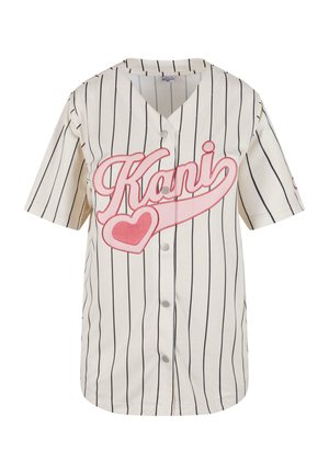 Rövid ujjú, krémszínű baseball mez függőleges fekete csíkokkal. Jellemzője a rózsaszín "Kani" grafika és szív minta. Gombos elől záródás.