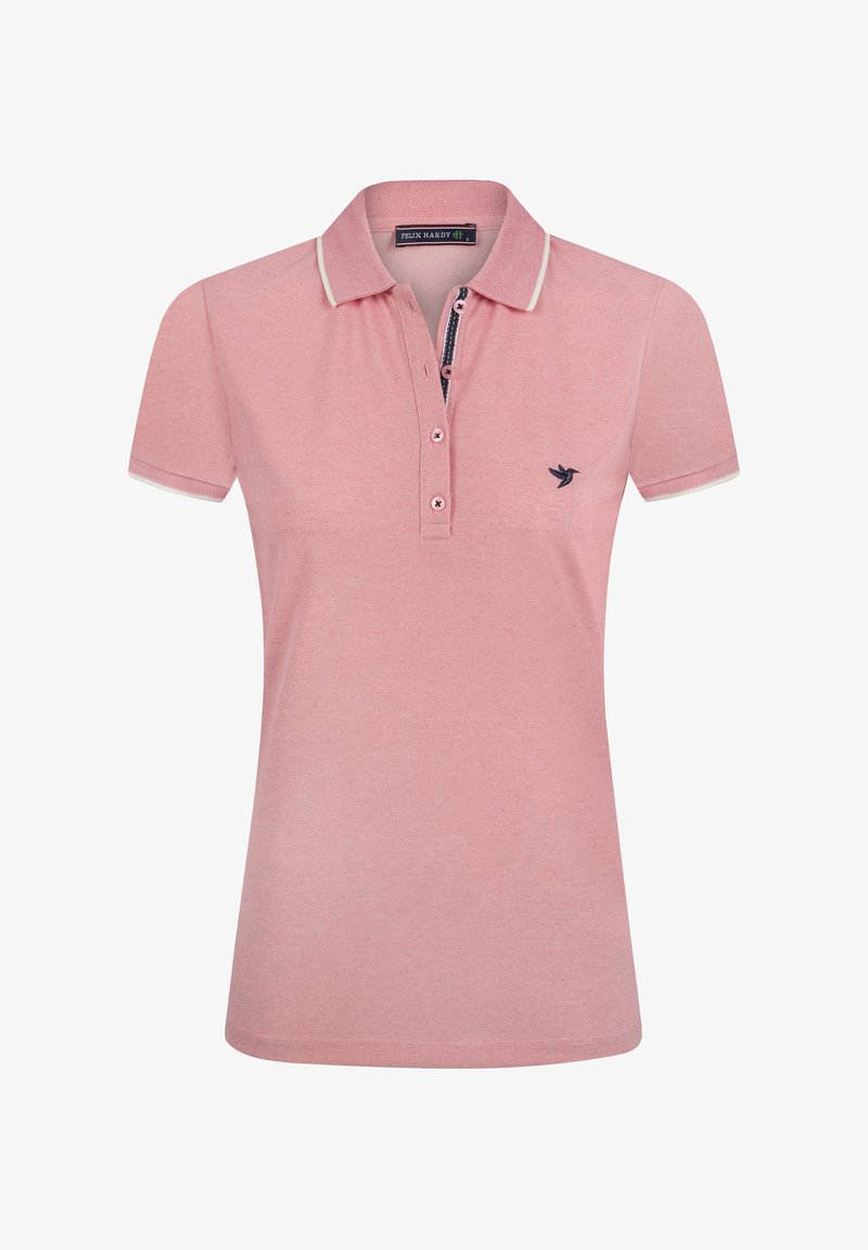 Różowa koszulka polo z kołnierzykiem, zapięciem na trzy guziki, krótkimi rękawami i kontrastowymi wykończeniami. Posiada małe granatowe logo na lewej piersi.