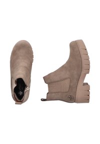 Bottines taupe avec semelles épaisses à crampons, panneaux latéraux élastiques, fermeture éclair latérale et languettes, vues de dessus et de côté.