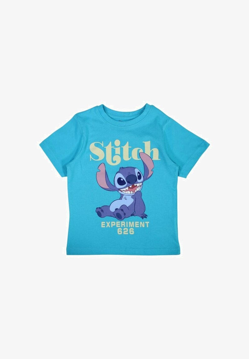 T-shirt en coton bleu clair présentant un graphique de Stitch avec des oreilles roses et le texte "Stitch EXPERIMENT 626" en lettres jaunes en gras.