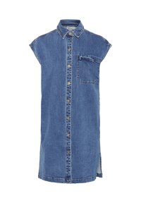 Denim haljina košulja, svijetloplava s kratkim rukavima, zatvaranje sprijeda na gumbi, džep na prsima i bočni prorezi. Teksturirana tkanina s vidljivim šavovima.