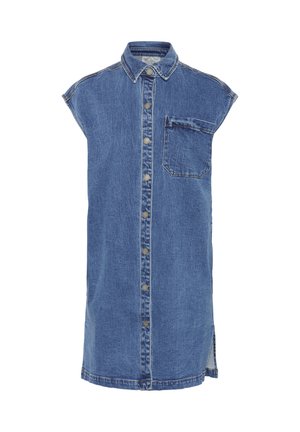 Denimhemdkleid, hellblau mit kurzen Ärmeln, Vorderknopfverschluss, Brusttasche und seitlichen Schlitzen. Strukturierter Stoff mit sichtbaren Nähten.