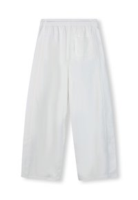 Pantaloni bianchi a gamba larga realizzati in tessuto morbido con vita elasticizzata. Presentano una tasca posteriore e cuciture laterali per un tocco di dettaglio.