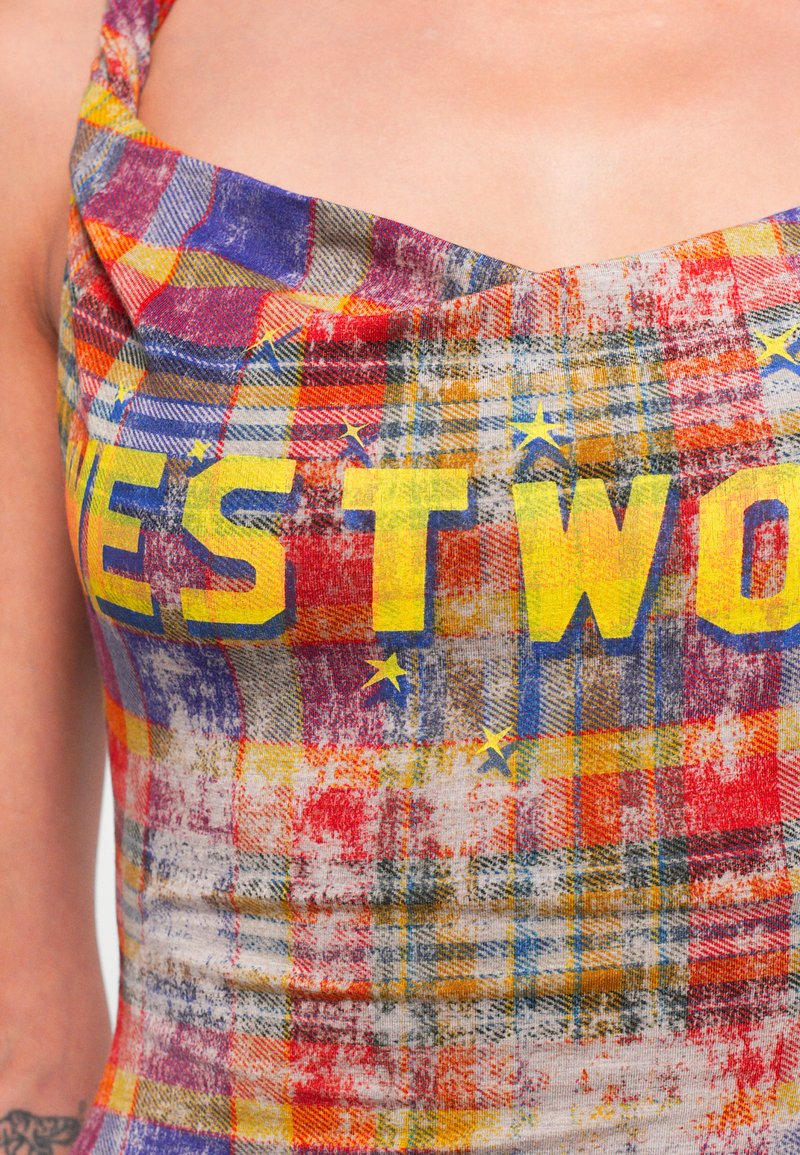 Multicolored plaid tank top with yellow "WEST TWO" text, featuring various patterns and textures in red, blue, and orange hues.