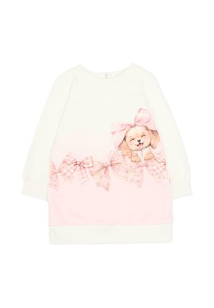 Robe blanche à manches longues pour tout-petit avec des nœuds roses et un chiot souriant portant un grand nœud rose sur le devant.