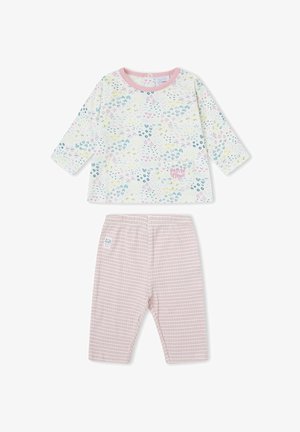 Camiseta blanca de bebé de manga larga con patrones de corazones y puntos multicolores, cuello rosa y pantalones a cuadros rosas con cintura elástica.
