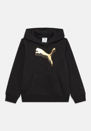 Svart hettegenser med lagdelt gull Puma-logo foran og en enkelt kengurulomme foran, vist på hvit bakgrunn.