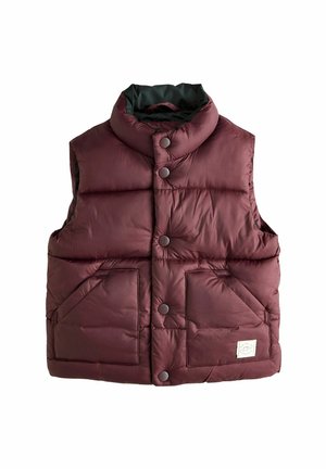Burgundy pufferväst med hög krage, två framfickor, fyra tryckknappar och en vadderad textur. Innerfoder i mörkgrön.