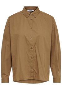 Brązowa, długozasięgowa koszula zapinana na guziki z kołnierzykiem, wykonana z gładkiego materiału, z prostym dołem i zapięciem na guziki z przodu.