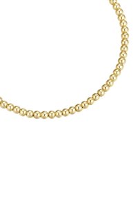Arany gyöngy nyaklánc, amely egy sor egyenlő méretű kerek gyöngyből áll, sima, fényes felülettel és egyenletes távolságokkal.