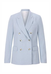 Světle modrý dvouřadový blazer s vertikálními bílými pruhy, klopovým límcem a stříbrnými knoflíky. Obsahuje přední kapsy a má upravený střih.