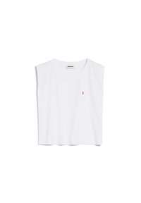 Vitt ärmlöst crop top i lätt tyg, med en liten röd rosett som emblem på framsidan. Enkelt design och avslappnad passform.