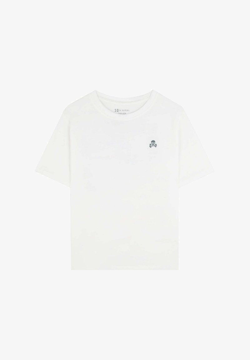 T-shirt en coton blanc à manches courtes avec un col rond et un petit logo gris de crâne et os croisés sur la zone gauche de la poitrine.