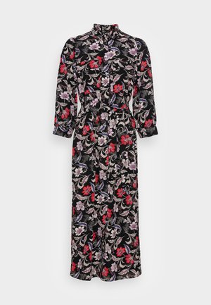 Schwarzes Midikleid mit langen Ärmeln, rotem, lila und weißem Blumenmuster, Knopfleiste vorne und Taillengürtel.
