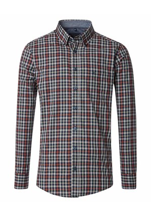 Geruit overhemd met lange mouwen in marineblauw, rood en beige. Voorzien van een button-down kraag, een borstzak en blauwe knopen. Gemaakt van een katoenmix.