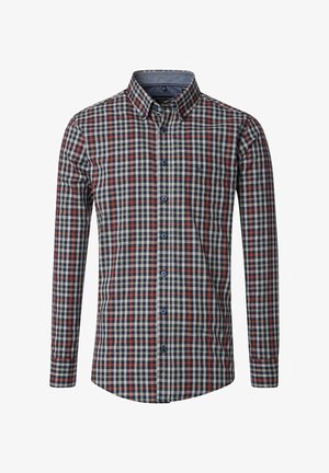Geruit overhemd met lange mouwen in marineblauw, rood en beige. Voorzien van een button-down kraag, een borstzak en blauwe knopen. Gemaakt van een katoenmix.
