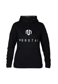 Schwarzer Kapuzenpullover aus weichem Stoff mit einer Fronttasche, Kapuze mit Kordelzügen und einem weißen "MOROTAI" Logo und Emblem auf der Brust.