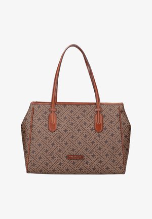 Borsa tote marrone a fantasia con manici in pelle beige, caratterizzata da un design strutturato e una placca con logo sul davanti. Materiale tessile resistente.