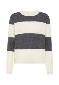 Maglione lavorato a maglia con strisce orizzontali in grigio e crema, scollatura tonda, maniche lunghe e una texture a costine.
