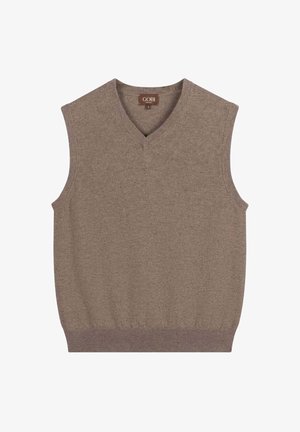 Veste sans manches en tricot marron à col en V avec ourlet côtelé et étiquette de marque GOBI au niveau de l'encolure.