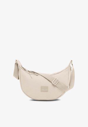 Béžová plátenná crossbody taška s krivkovým tvarom, nastaviteľným popruhom, detaily so zipsom a logom na prednej strane.