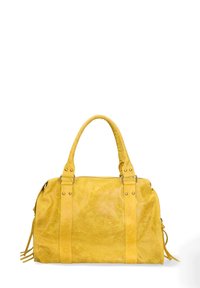 Borsa a mano gialla in pelle con doppi manici superiori, finitura testurizzata, dettagli metallici e nappine laterali. Chiusura con zip e design spazioso.