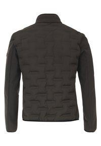 Svart vadderad jacka med quiltat mönster, ståkrage och långa ärmar. Enkel design utan synlig hårdvara eller detaljer.