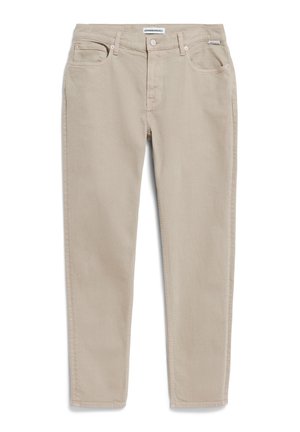 Jeans in denim beige con taglio dritto, design a cinque tasche, passanti per cintura e una trama sottile. Presenta un'etichetta del marchio sulla cintura.