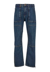 Denim cargo pants with a dark blue hue, featuring multiple pockets, a straight leg, and subtle zipper accents at the hems.