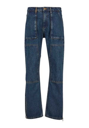 Denim-Cargohosen in dunkler Blaunuance, mit mehreren Taschen, geradem Bein und dezenten Reißverschlussakzenten an den Säumen.