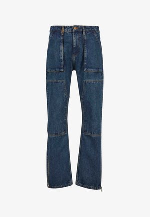 Pantaloni cargo in denim di colore blu scuro, con molteplici tasche, gamba dritta e sottili dettagli con cerniere agli orli.