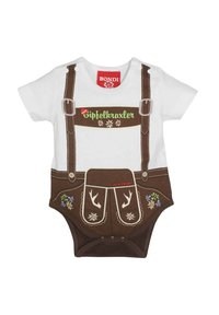 Brauner und weißer Babystrampler mit bedruckten Hosenträgern, floralem Akzent und dem Text "Gipfelkraxler" auf der Brust. Aus weichem Baumwollmaterial.