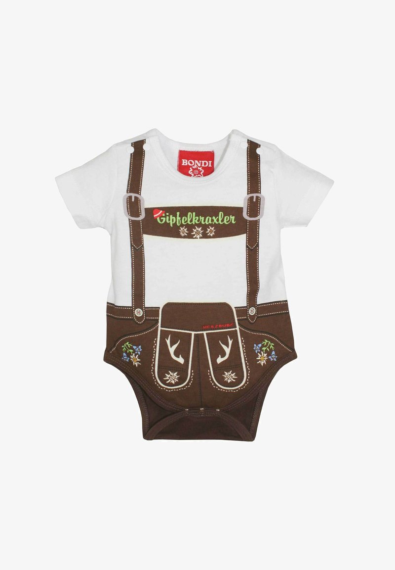 Brauner und weißer Babystrampler mit bedruckten Hosenträgern, floralem Akzent und dem Text "Gipfelkraxler" auf der Brust. Aus weichem Baumwollmaterial.