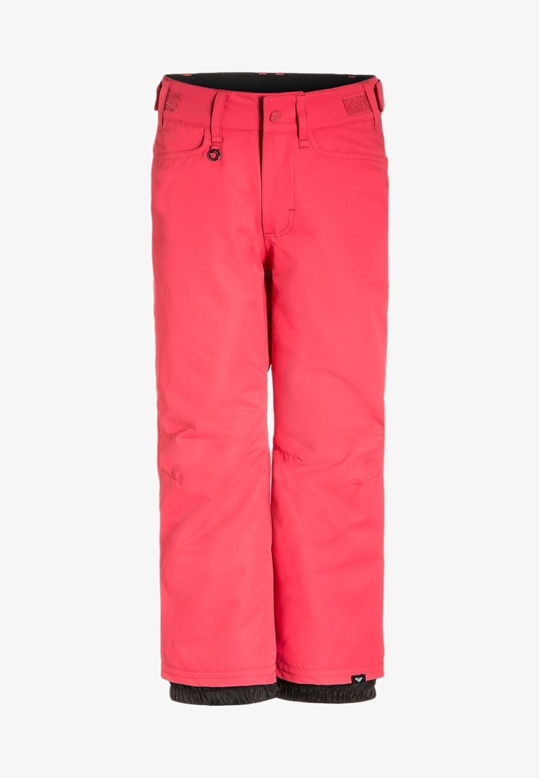 Pantalon de neige isolé rose vif avec poches avant, fermeture par bouton et zip, et poignets intérieurs noirs pour l'hiver.