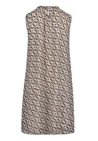 Bezrukávé vzorované šaty v béžové, hnědé a černé barvě s geometrickým designem; měkká tkanina, výstřih ve tvaru lodičky a řasení na zadní části.