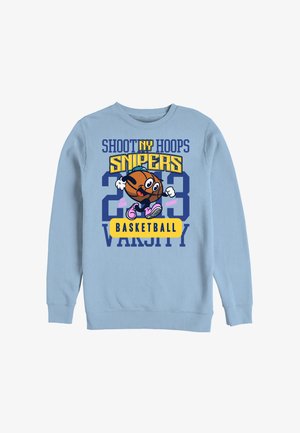 Jasnoniebieska bluza z nadrukiem kreskówkowego koszykarza w ruchu, noszącego trampki, tekst "Shoot NY Hoops Snipers 23 Varsity Basketball" z przodu.