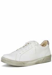 Vita sneakers med överdel i slätt läder, rund tå och platt sula. Har snörning och en diskret grå accent vid hälen.