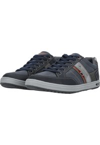 Mörkblå sneakers med grå detaljer, läder- och textilmaterial, rundad tå, strukturerad sula och dekorativa randdetaljer.