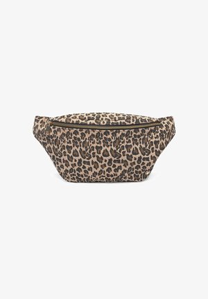 Leopardenmuster Bauchtasche mit flachem Design, aus Stoffmaterial, goldfarbigem Reißverschluss und runder Form. Seitliche Akzente zeigen dunkle Beschläge.