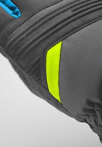 Gray fabric glove with blue and neon yellow accents. Features a textured surface, contrasting stitching, and a curved design.