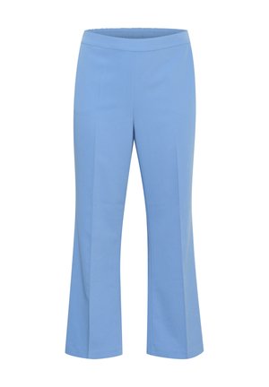 Helle blaue Hosen mit glatter Textur, weit geschnitten, mit elastischem Bund, maßgeschneidertem Design und minimalen Nähdetails.