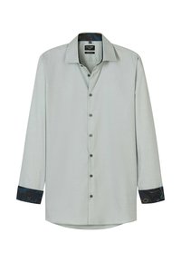 Helles graues Langarmshirt mit Knopfverschluss. Verfügt über ein gemustertes dunkelblaues Futter an den Manschetten. Glatte Textur und klassisches Kragendesign.