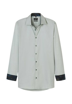 Light gray long-sleeve shirt with button closure. Features a patterned dark blue cuff lining. Smooth texture and classic collar design.