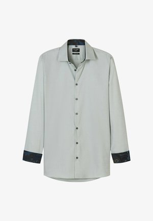Light gray long-sleeve shirt with button closure. Features a patterned dark blue cuff lining. Smooth texture and classic collar design.